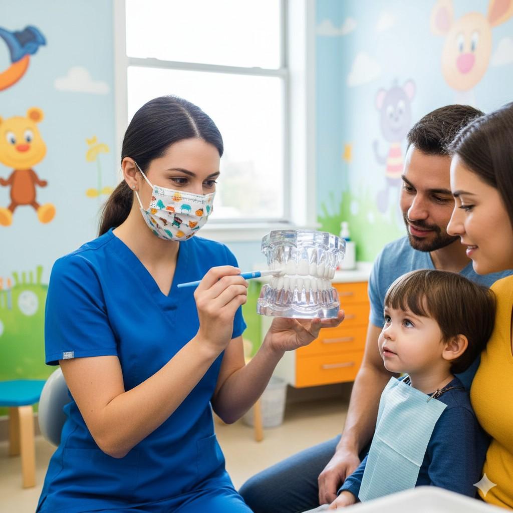 Dentist explaining dental care to a child with parents present.